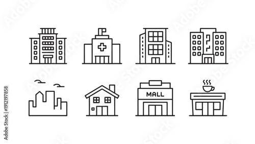 Urban infrastructure icon set featuring office building, hospital, apartment, hotel, skyline, house, mall, and coffee shop.