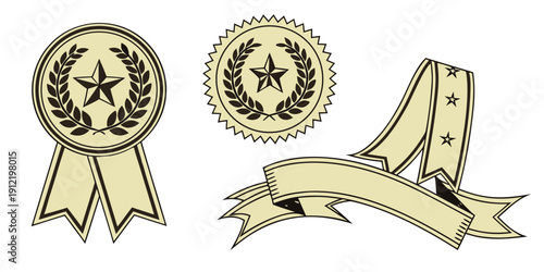 A set of gold award ribbons and seals with stars and laurel wreaths in a minimalist vector design