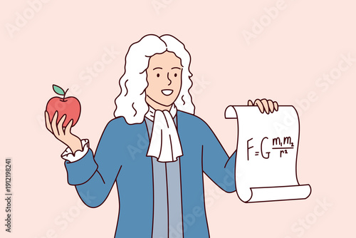 Sir Isaac Newton stands with a ripe apple, presenting his legendary formula for universal gravitation. An educational scene depicting a major scientific breakthrough