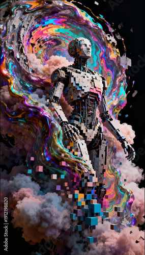 A vector illustration of an ancient cyborg made up of flat pixel blocks surrounded by a swirling liquid-colored nebula.