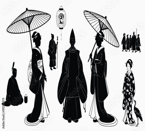 Traditional japanese figures with umbrellas in black and white