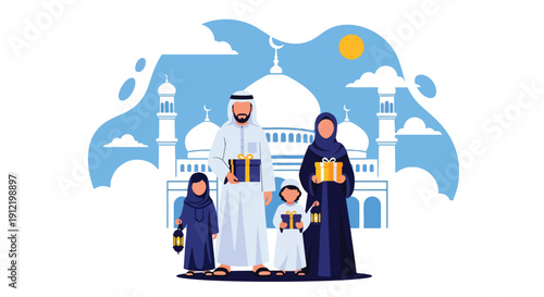 Modern flat vector illustration of faceless family standing in front of mosque holding gifts and lanterns, showing joyful Eid celebration, unity, and spiritual holiday atmosphere