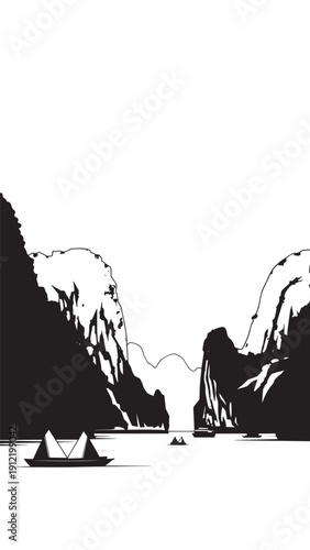 Tranquil Halong Bay–like Seascape with Limestone Cliffs, Boats and Calm Water under a Wide Horizon.