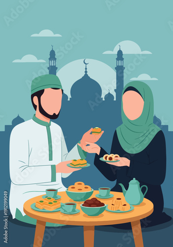 Flat vector illustration of faceless couple sharing sweets and dates near mosque silhouette, showing peaceful Eid evening and cultural tradition