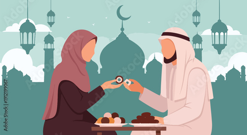 Flat vector illustration of faceless couple sharing sweets and dates near mosque silhouette, showing peaceful Eid evening and cultural tradition