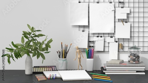 Obraz na plátně Blank Artist DMinimalist artist desk mockup: multiple blank papers clipped to pe