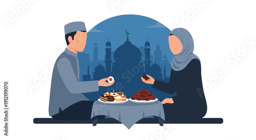 Flat vector illustration of faceless couple sharing sweets and dates near mosque silhouette, showing peaceful Eid evening and cultural tradition