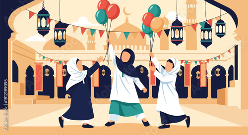 Modern flat vector illustration of faceless children playing with balloons and lanterns in courtyard, showing joyful and playful Eid celebration mood
