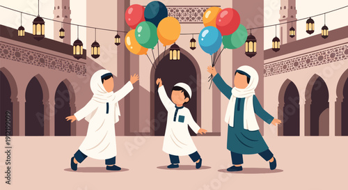Modern flat vector illustration of faceless children playing with balloons and lanterns in courtyard, showing joyful and playful Eid celebration mood