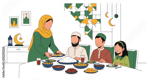 Modern flat vector illustration of faceless mother serving food to family at dining table, showing warm Eid lunch and home tradition