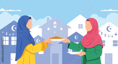 Modern flat vector illustration of faceless neighbors exchanging food plates at doorstep, showing hospitality and social bonding during Eid