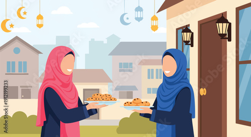 Modern flat vector illustration of faceless neighbors exchanging food plates at doorstep, showing hospitality and social bonding during Eid