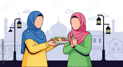 Modern flat vector illustration of faceless neighbors exchanging food plates at doorstep, showing hospitality and social bonding during Eid