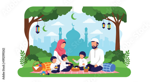 Flat vector illustration of faceless family having picnic in park with Eid decorations, showing relaxed outdoor celebration and togetherness