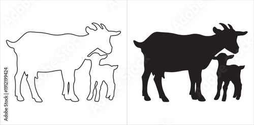 Goat and kid silhouettes facing each other in bonding moment, outline and solid black minimalist vector illustration
