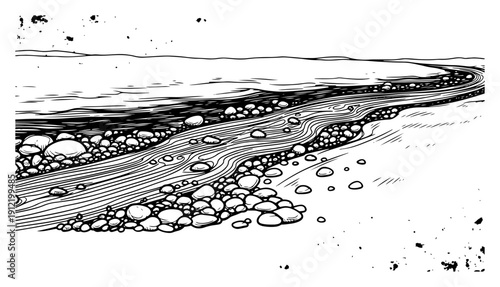 Vintage hand drawn engraving of a riverbed landscape with rocks and pebbles leading to the horizon