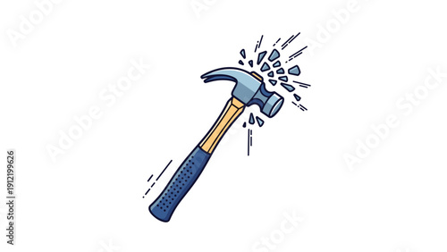 Colorful illustration of a blue hammer with a wooden handle shattering small fragments into the air to symbolize destruction, breaking or remodel.