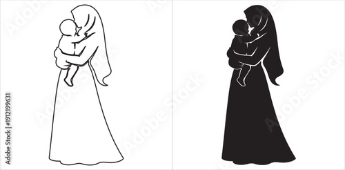 Dual illustration of woman holding child in outline and solid silhouette style, symbolizing maternal love and emotional bond