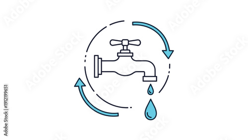 Water conservation icon featuring a faucet with a dripping drop surrounded by circular arrows to encourage recycling and sustainable water usage.