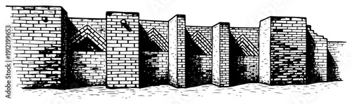 Detailed woodcut engraving of a long historic brick wall with pillars and architectural perspective