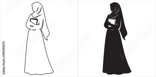  Two stylized silhouettes of person in long dress and headscarf holding book, shown in outline and solid black design styles