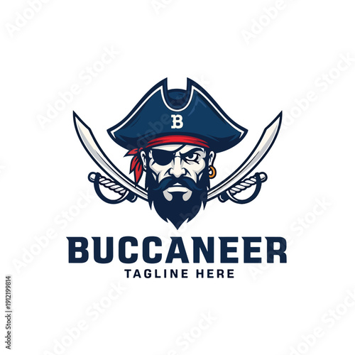 Emblematic Pirate Head Logo with Eye Patch and Crossed Blades Vector Graphic