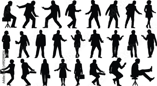 Business people silhouettes expressive gestures set men women communication actions vector illustration