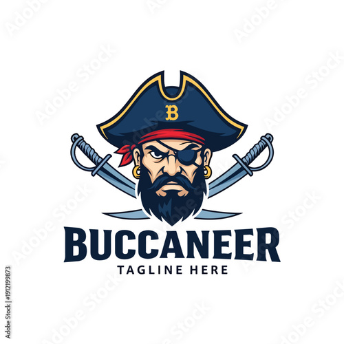 Intrepid buccaneer character illustration with menacing expression and crossed cutlasses