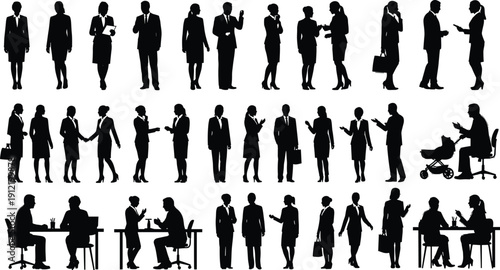 Business people silhouettes set men women meeting talking office work corporate vector illustration