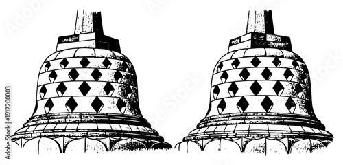 Buddhist temple stupas from Borobudur monument in hand drawn architectural engraving style