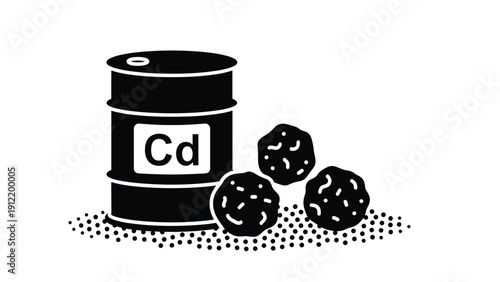 Industrial waste silhouette showing a chemical barrel labeled with the element cadmium symbol next to clumps of hazardous soil or toxic materials.