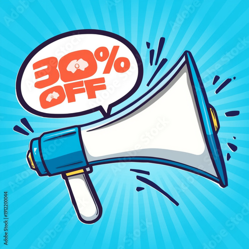 Vibrant megaphone announcing thirty percent discount in dynamic blue background