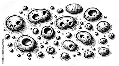 Abstract woodcut engraving of organic porous shapes resembling lunar craters or biological cells