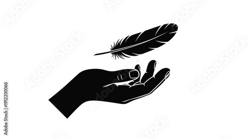 Graceful black silhouette of a human hand with a single feather floating gently above the palm to symbolize lightness, touch, and peaceful mood.