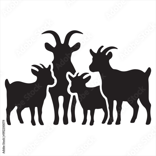 Family of four goat silhouettes with adult and young animals symbolizing unity care and rural livestock lifestyle