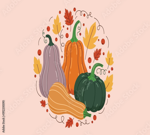 Vibrant illustration of assorted gourds and squash with fall foliage