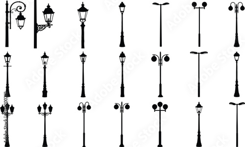 Street, lamp, icons, set, featuring, vintage, lantern, classic, light, post, modern, streetlight, and, old, town, silhouettes, for, urban, exterior, decoration.