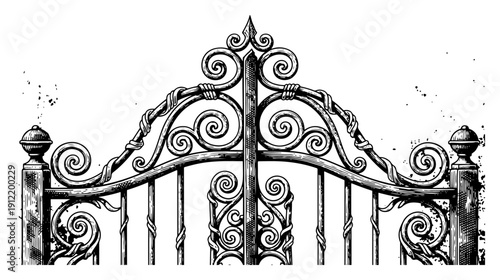 Highly detailed woodcut illustration of a decorative wrought iron gate with scrollwork