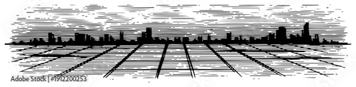 Vintage hand drawn engraving of a retro futuristic city skyline with perspective grid floor