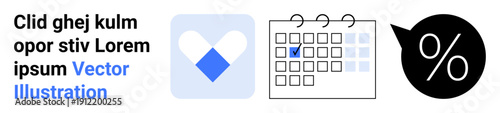 Marketing, time management, scheduling, health services, discount deals, promotion planning. Heart shape, calendar with marked date and percentage icon. Health services and scheduling concept