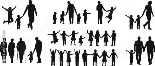 Family silhouettes parents children holding hands walking playing happy moments vector illustration set