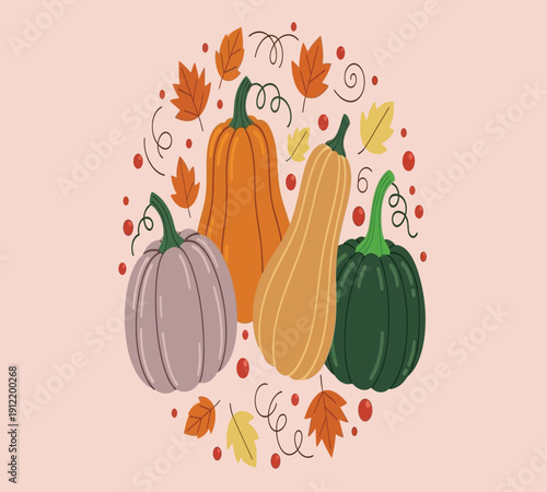 A colorful illustration of three pumpkins surrounded by autumn leaves and decorative elements