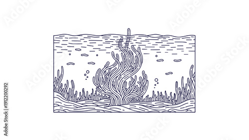 Detailed underwater scene line drawing featuring a large central seaweed or coral formation surrounded by smaller plants and fish silhouettes art.