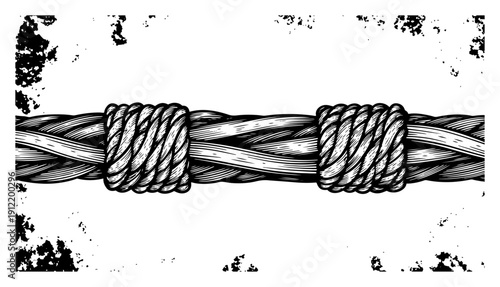Detailed vintage hand drawn illustration of a thick twisted rope with knots in engraving style