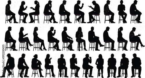 People silhouettes seated on stools, diverse talking poses vector illustration set isolated black collection