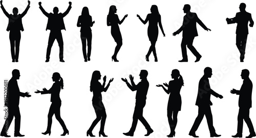 People silhouettes applauding cheering celebrating talking gestures men women teamwork success vector illustration set