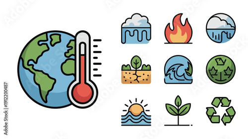 Climate Change and Global Warming Line Icon Set Environment Vector.