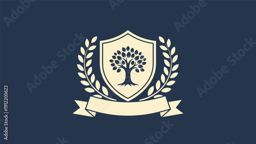 Institutional emblem featuring a detailed tree with many leaves inside a shield, framed by a laurel wreath and a banner on a dark blue background.