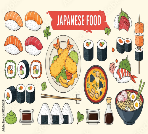 Variety of traditional japanese food and sushi dishes