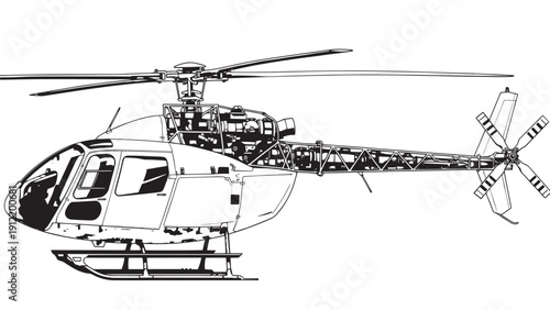 Monochrome line drawing of a helicopter in side profile with rotor and tail boom.